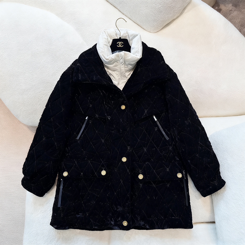 Chanel Fall/Winter Women's Series Velvet Down Jacket Black Velvet White Lambswool Lapel Diamond Check #nigo332624