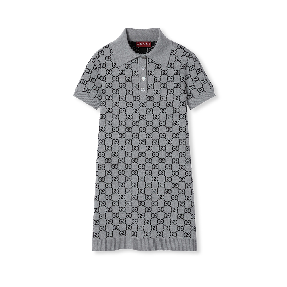 NIGO Gucci Women's Fall/Winter Classic Gray and Black GG Wool Jacquard Polo Short Sleeves Dress #nigo332532