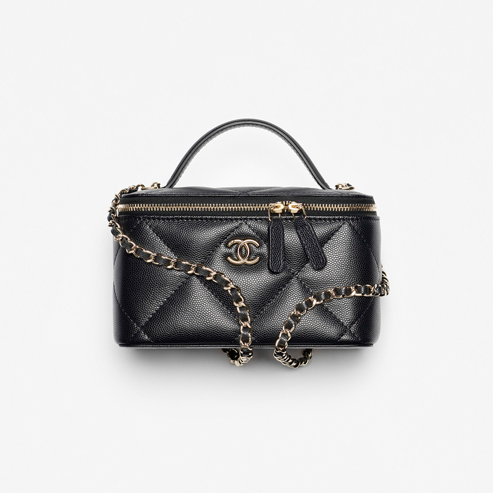NIGO Chanel Long Vanity With Chain Grained Shiny Calfskin Gold Tone Metal Black #nigo332777