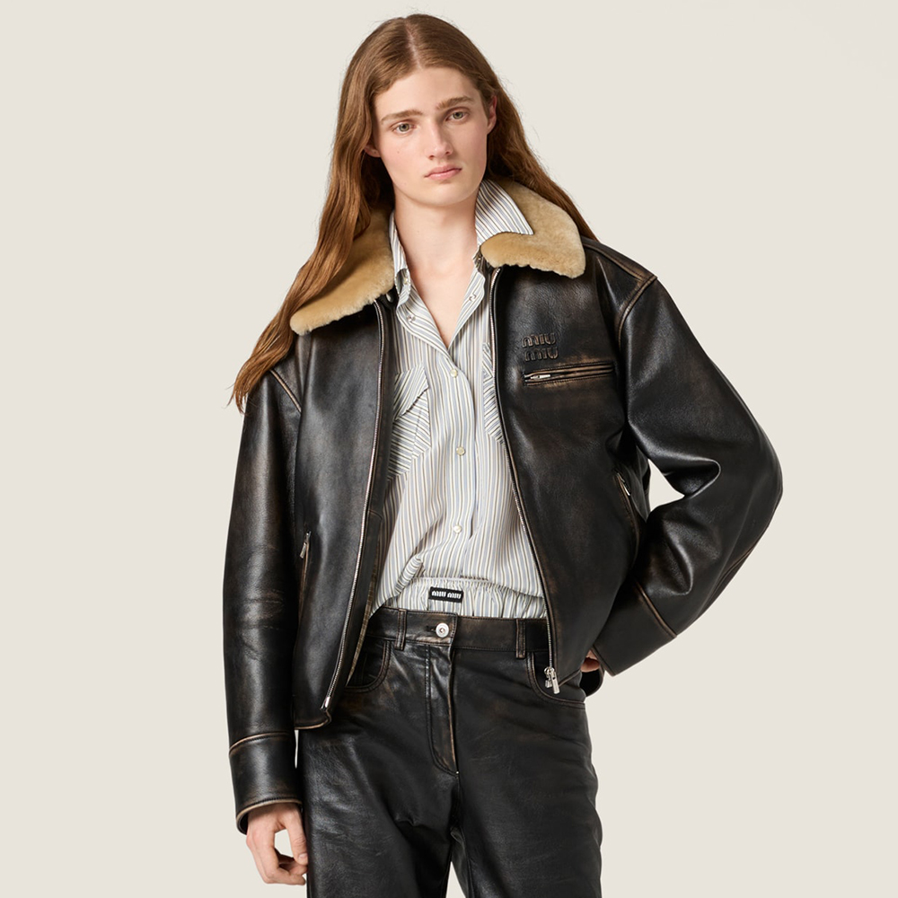 NIGO MiuMiu Women's Fur Collar Vintage Distressed Zip Black Nappa Leather Jacket #nigo332783