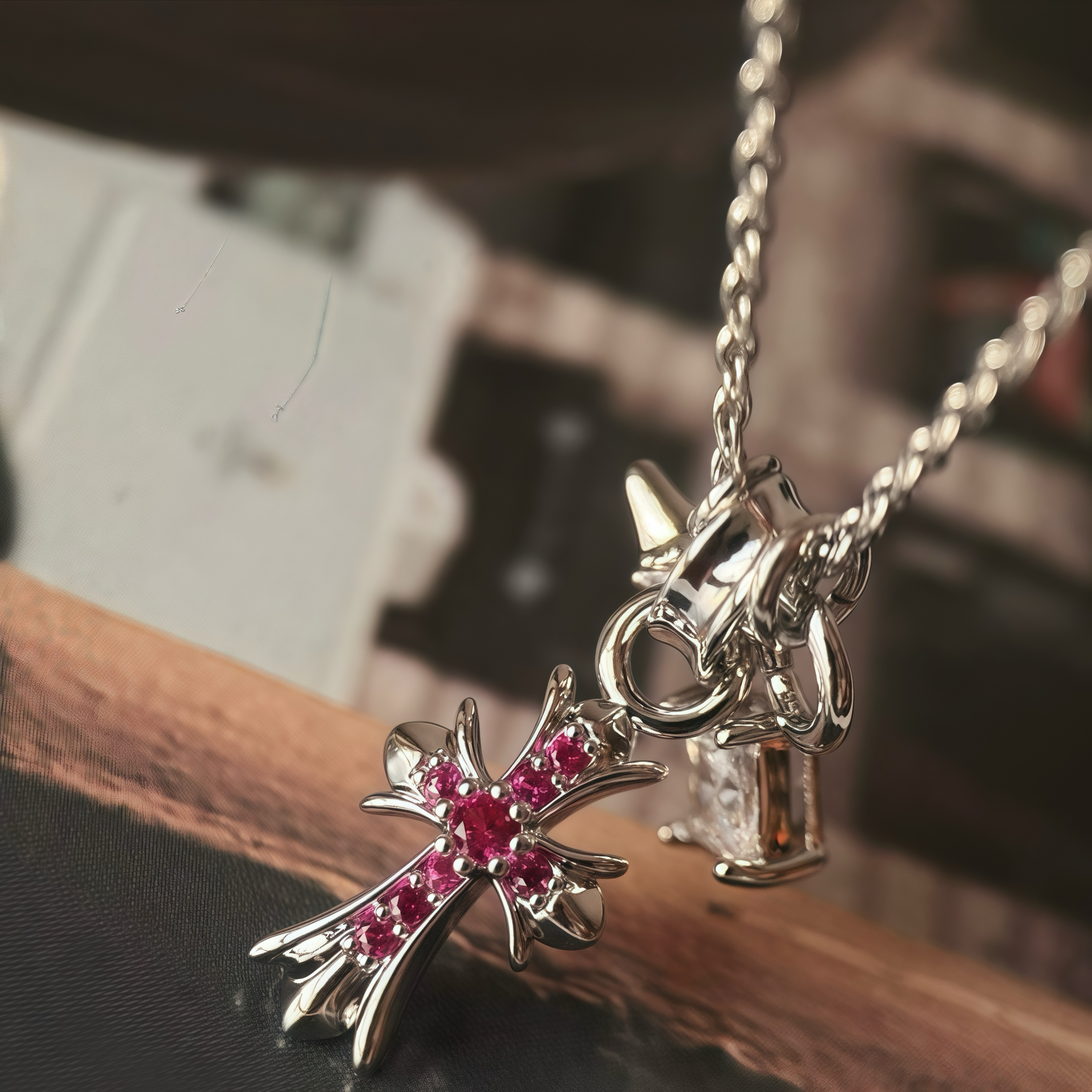 NIGO Chrome Hearts Silver Pink Diamond Pendant Necklace Silver Jewelry Accessories #nigo332873