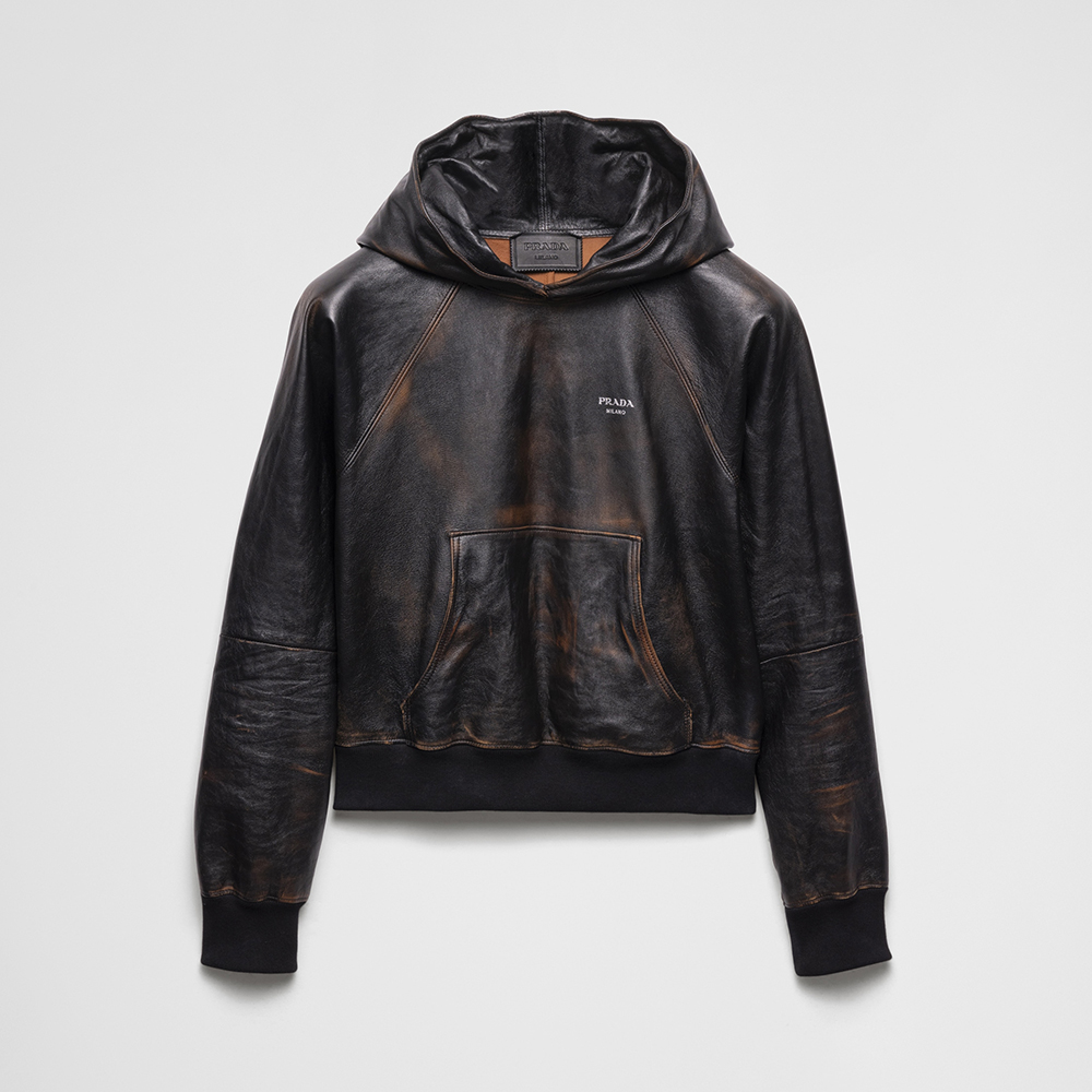 NIGO Prada SS25 Spring And Summer Men's Nappa Leather Hooded Raglan Long Sleeve Sweatshirt Leather Jacket #nigo332536