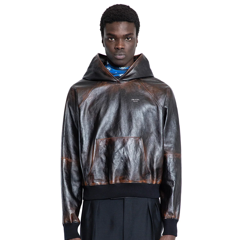 NIGO Prada SS25 Spring And Summer Men's Nappa Leather Hooded Raglan Long Sleeve Sweatshirt Leather Jacket #nigo332536