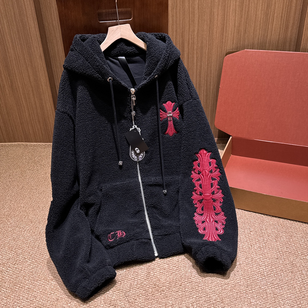 NIGO Chrome Women's and Men's Fall/Winter Hearts Polar Fleece Red Leather Cross Coat Embroidered Flowers  #nigo332923