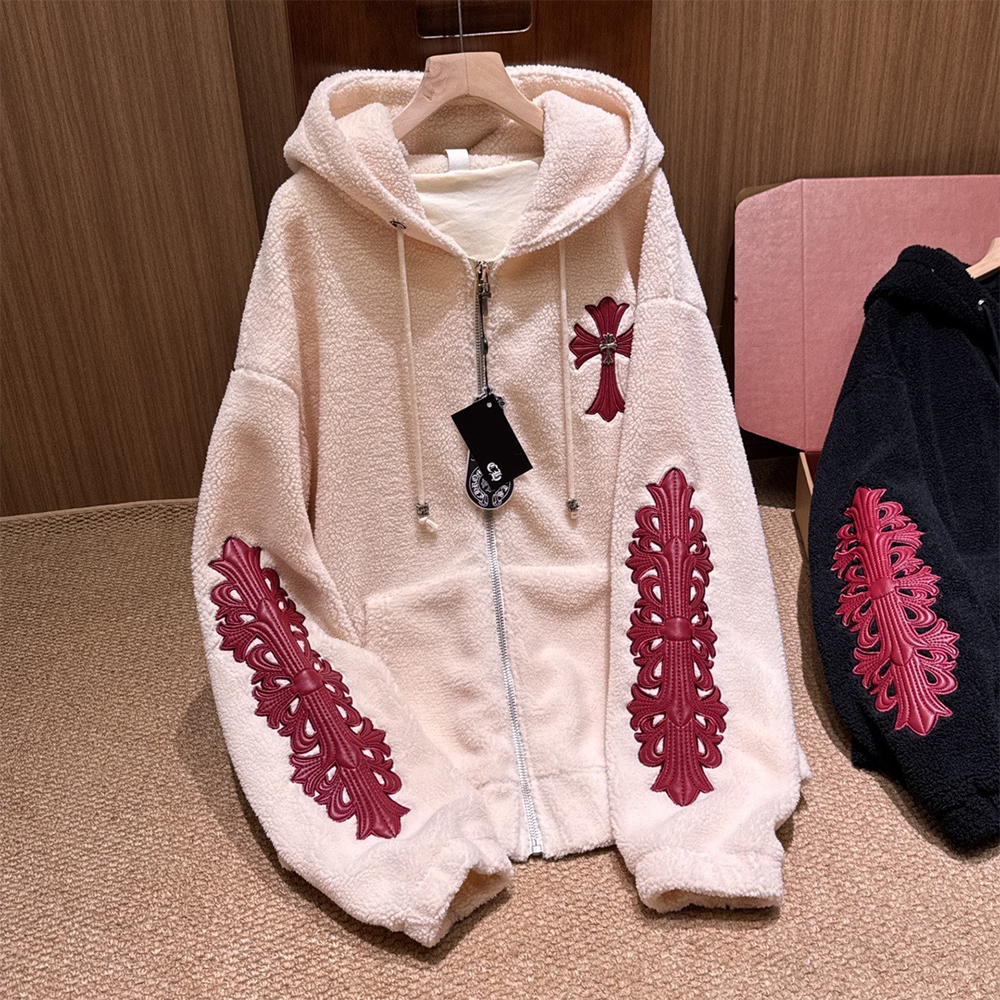 NIGO Chrome Women's and Men's Fall/Winter Hearts Polar Fleece Red Leather Cross Coat Embroidered Flowers  #nigo332923