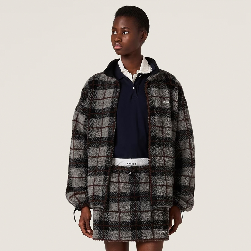 NIGO MIUMIU Gray Vintage Plaid Collar Wool Polar Fleece Jacket Short Skirt Set #nigo332477
