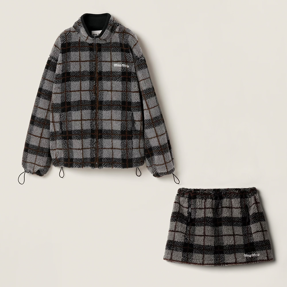 NIGO MIUMIU Gray Vintage Plaid Collar Wool Polar Fleece Jacket Short Skirt Set #nigo332477