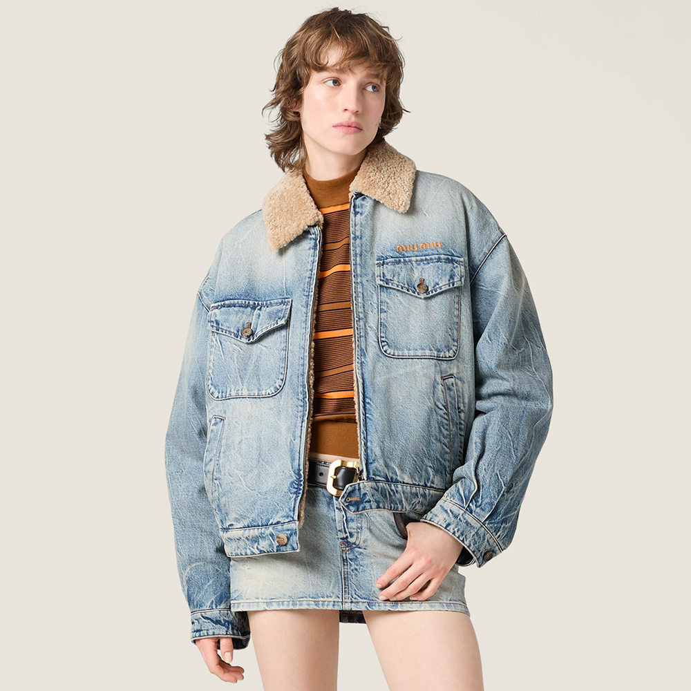 NIGO MiuMiu Denim and Wool Trucker Jacket Washed Embroidery Light Blue #nigo332979