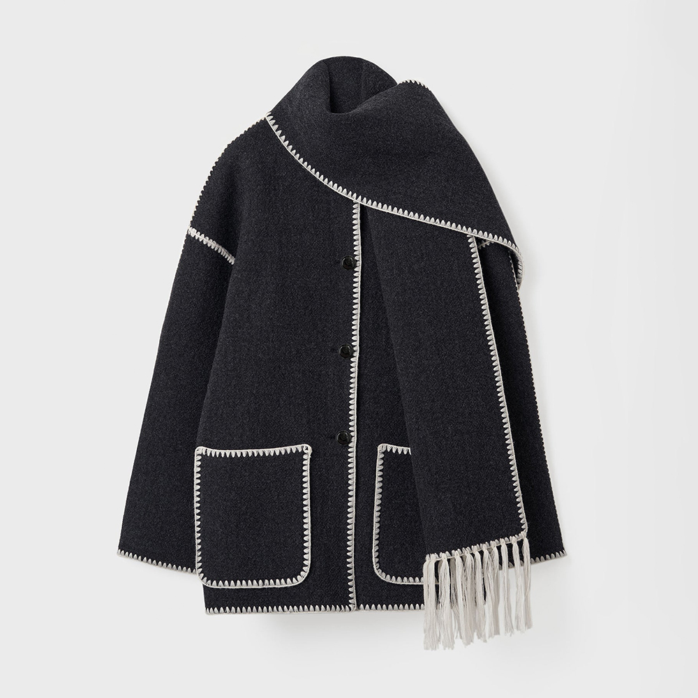 NIGO Toteme Women's Embroidered Tassel Scarf Jacket Dark Grey Mélange #nigo286726