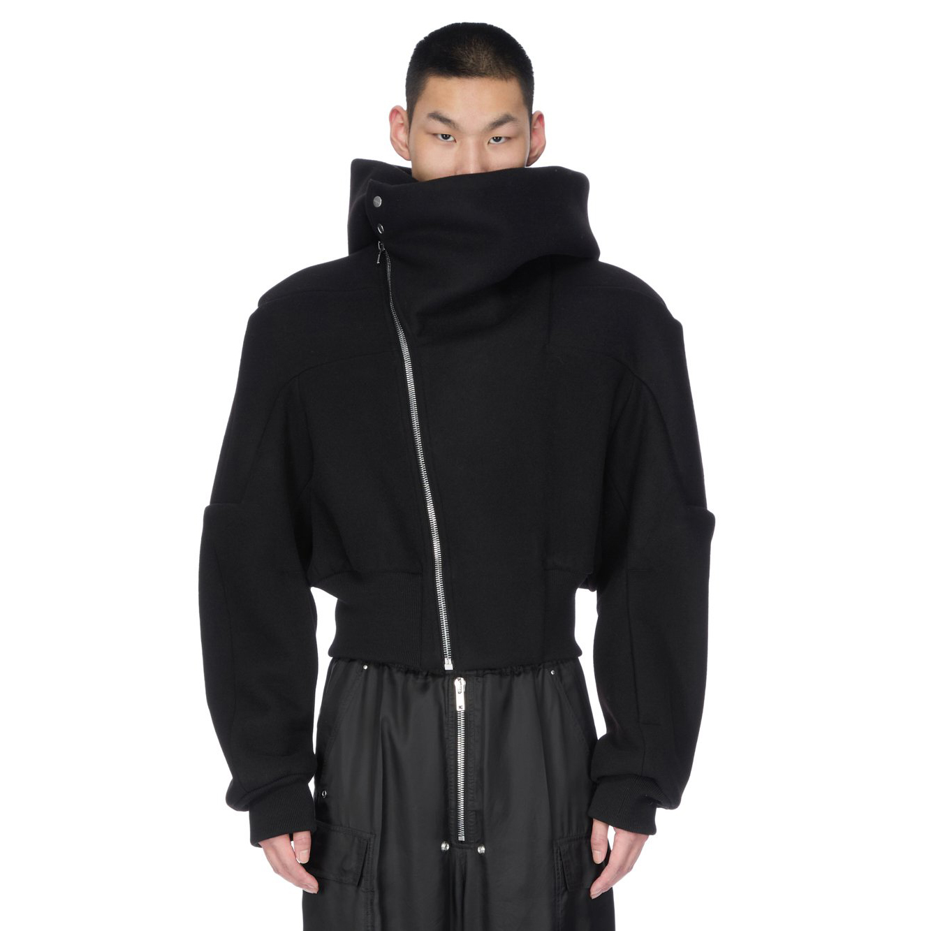 NIGO Rick Owens Cropped Hooded Fligh Jacket Black Virgin Wool Cropped Flight Jacket #nigo332196