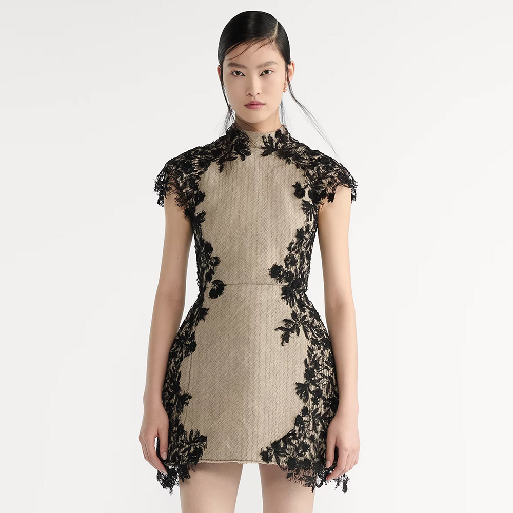 NIGO Dior Short Flared Dress Beige Horsehair-Effect Linen Blend and Black Lace #nigo333525