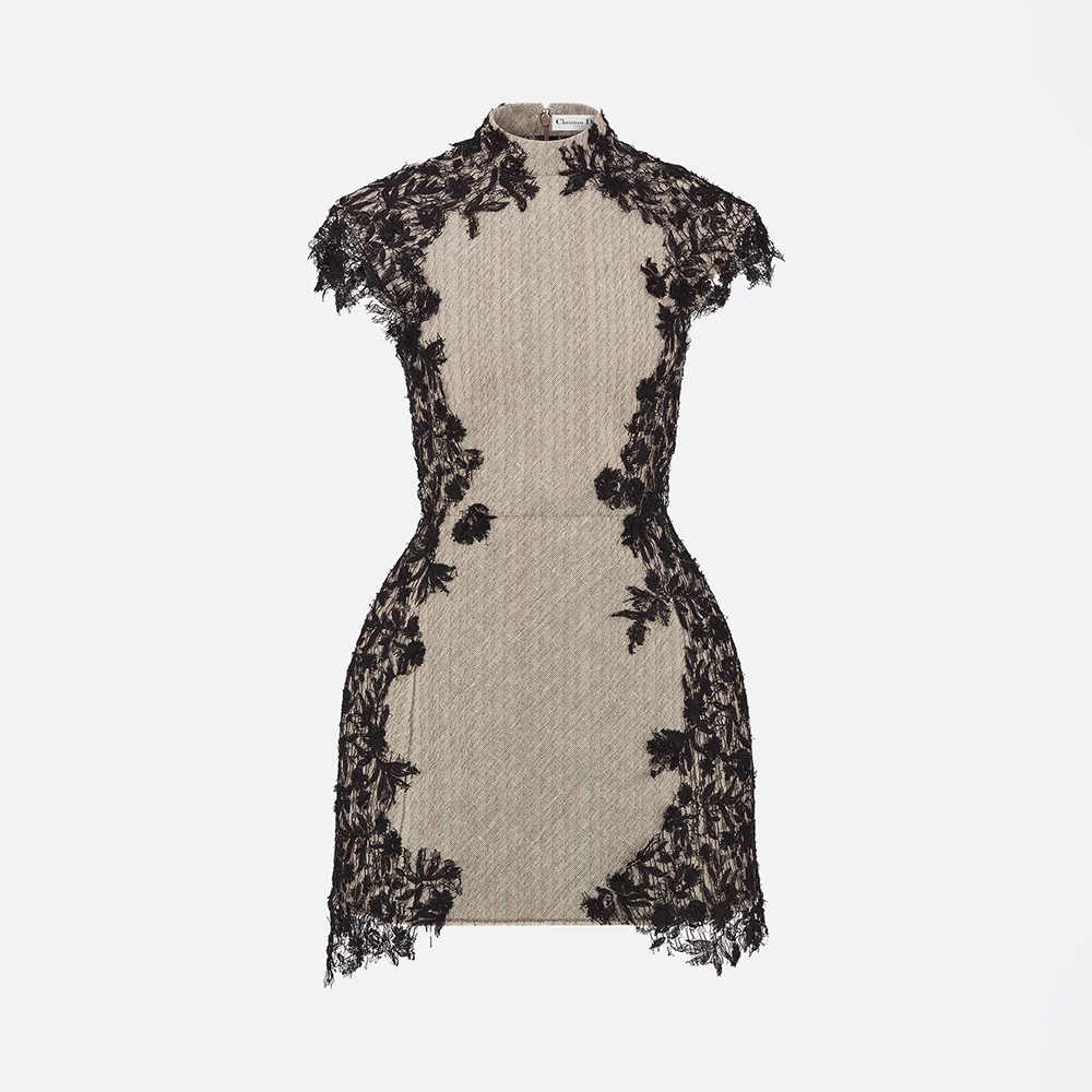 NIGO Dior Short Flared Dress Beige Horsehair-Effect Linen Blend and Black Lace #nigo333525