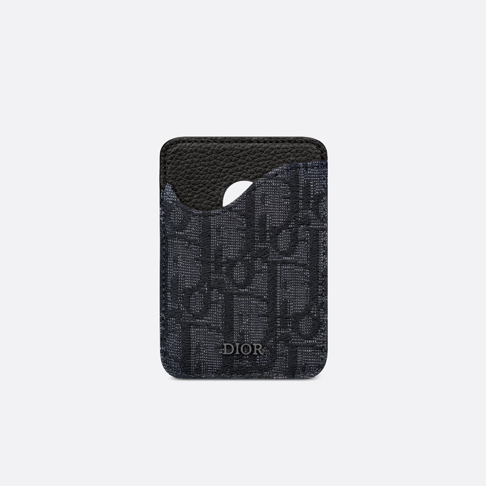 NIGO DIOR Saddle Magnetic Card Holder Black Marquetry Inlay Grained Cow Leather and Black Oblique Print Fabric #nigo333550