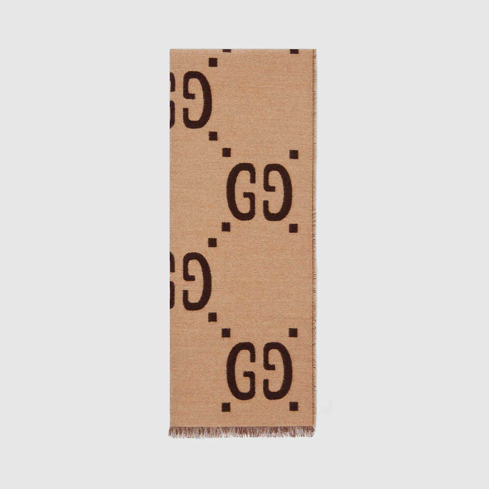 NIGO GUCCI Brown Beige GG Jacquard Wool Silk Scarf #nigo333605
