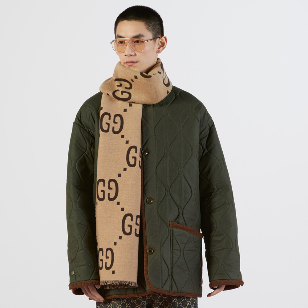 NIGO GUCCI Brown Beige GG Jacquard Wool Silk Scarf #nigo333605