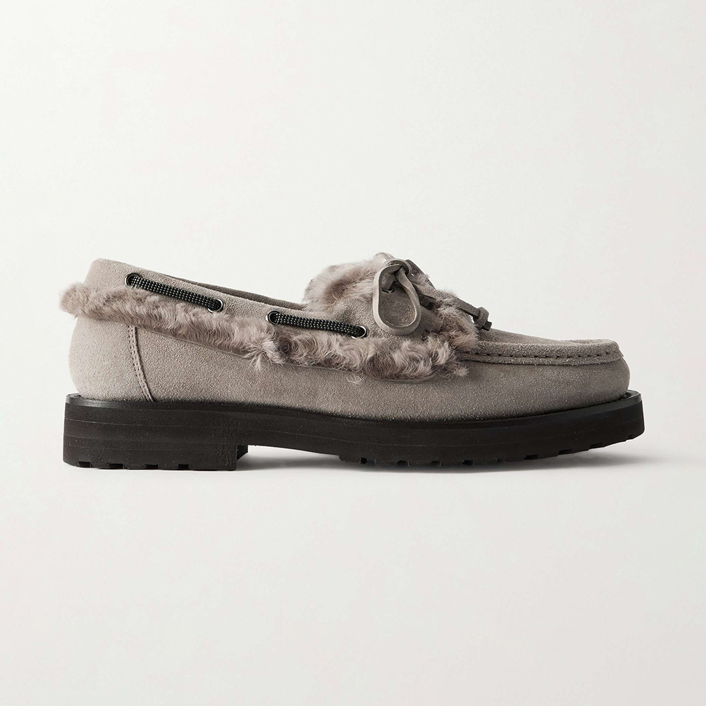 NIGO Brunello Cucinelli Bead Embellished Shearling Trimmed Suede Loafers #nigo333658