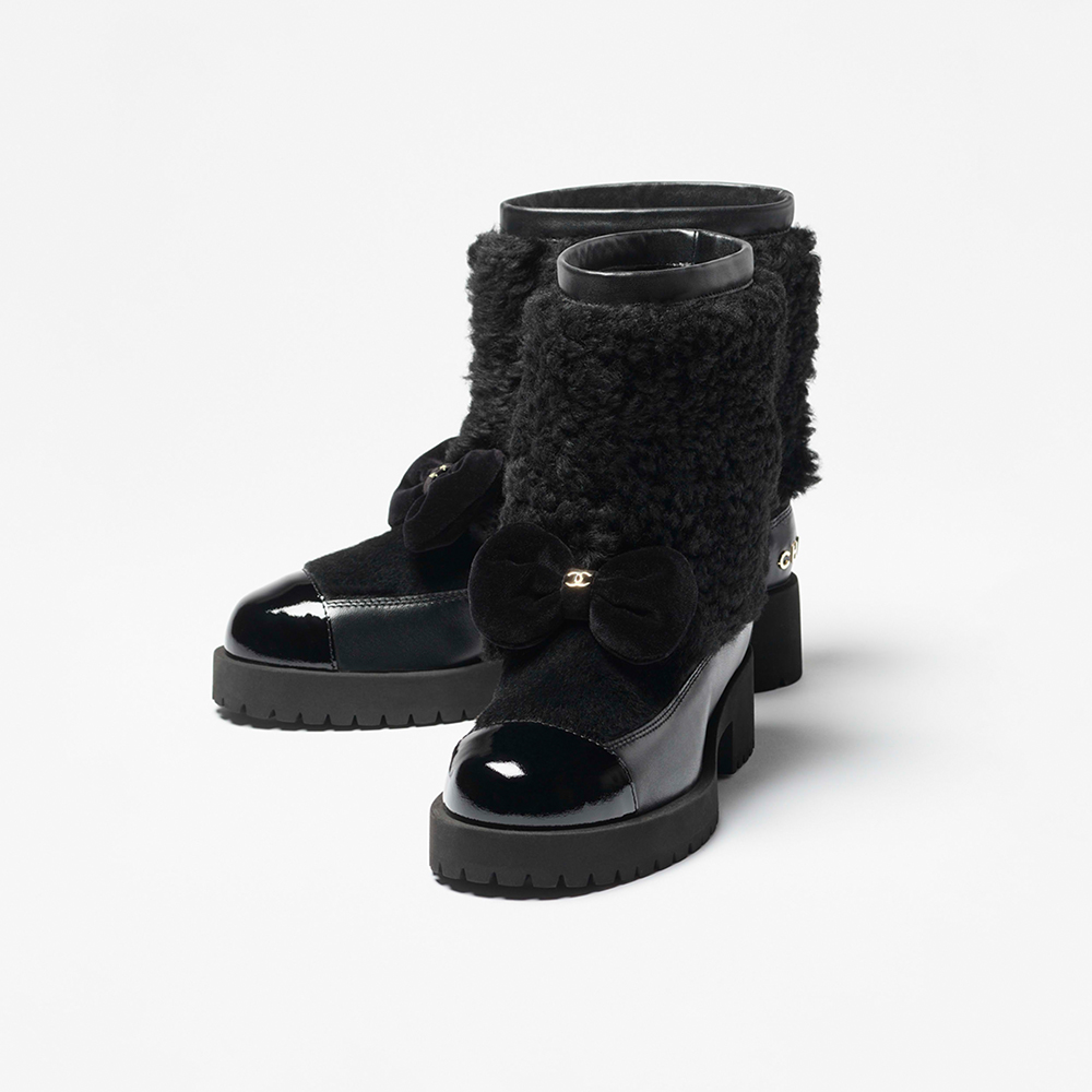 NIGO Chanel Short Boots Shearling Lambskin Calfskin Lambskin Patent Calfskin Beige Black #nigo334244