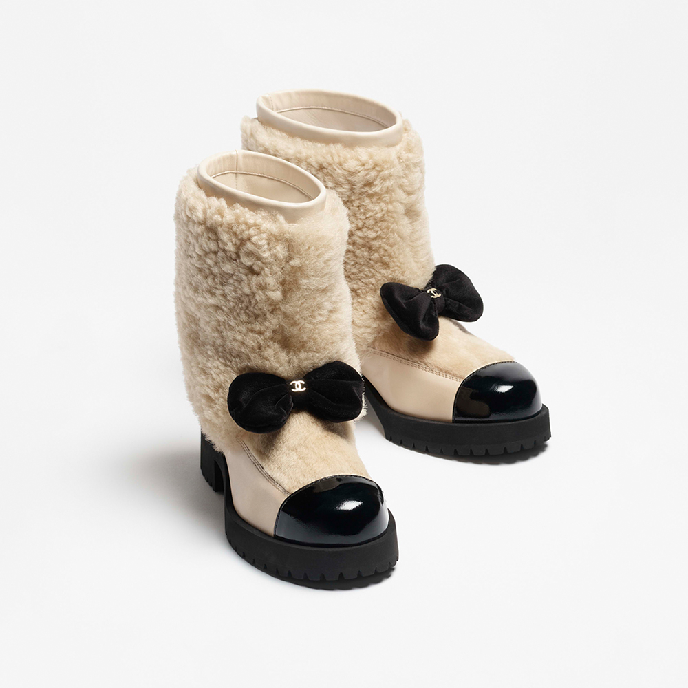 NIGO Chanel Short Boots Shearling Lambskin Calfskin Lambskin Patent Calfskin Beige Black #nigo334244