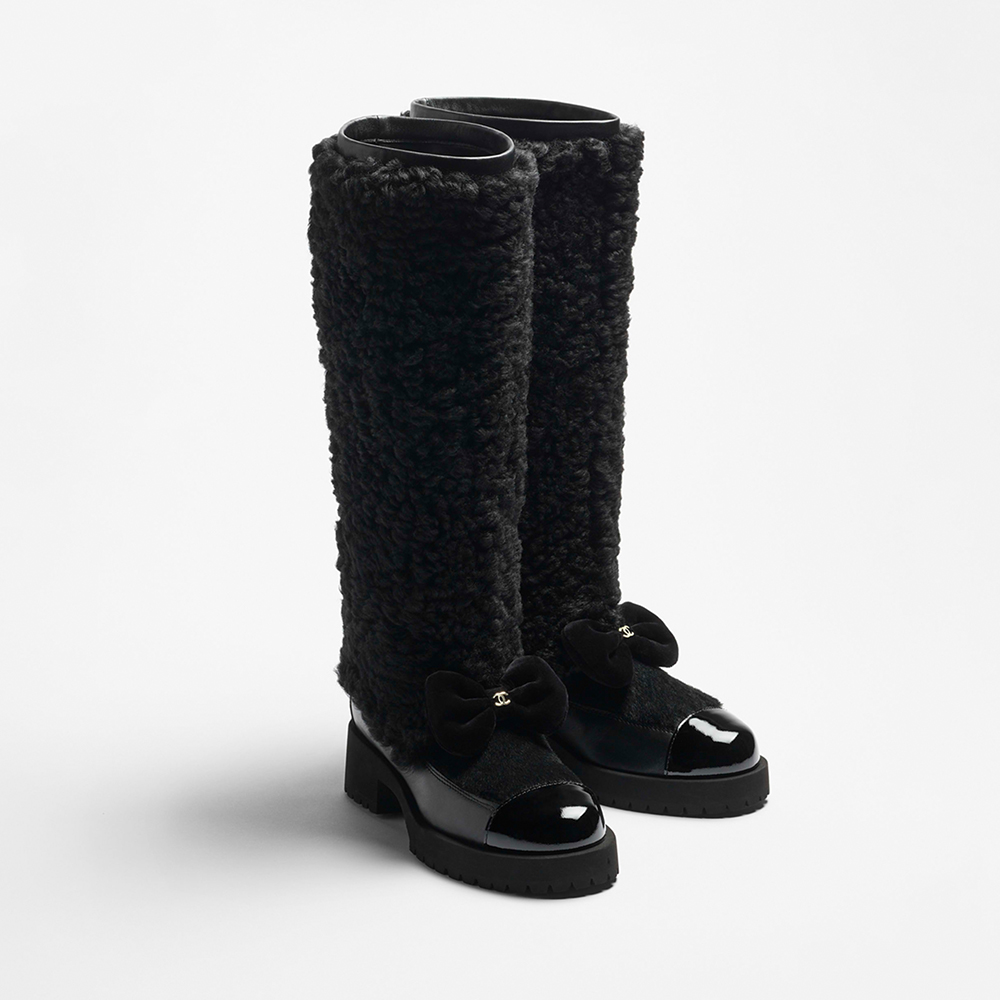 NIGO Chanel High Boots Shearling Lambskin Calfskin Lambskin Patent Calfskin Beige Black #nigo334245