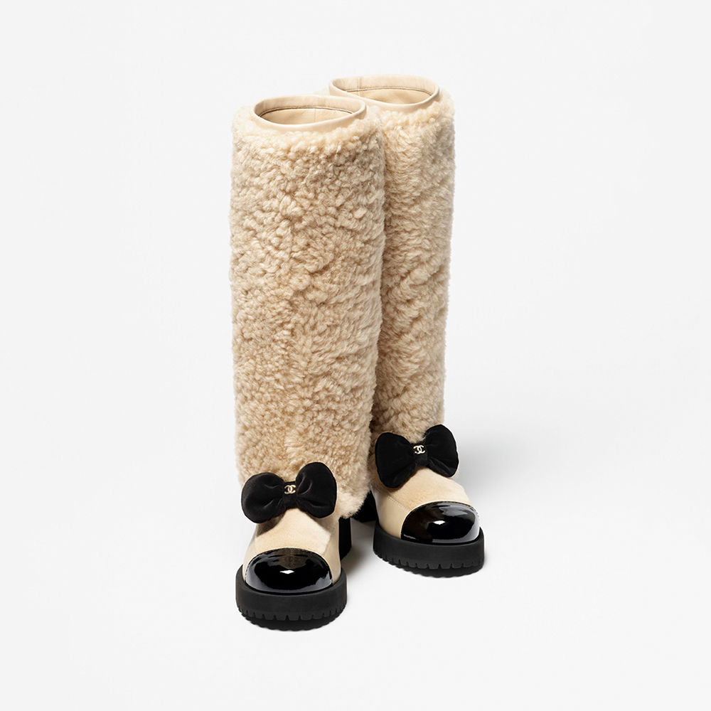 NIGO Chanel High Boots Shearling Lambskin Calfskin Lambskin Patent Calfskin Beige Black #nigo334245