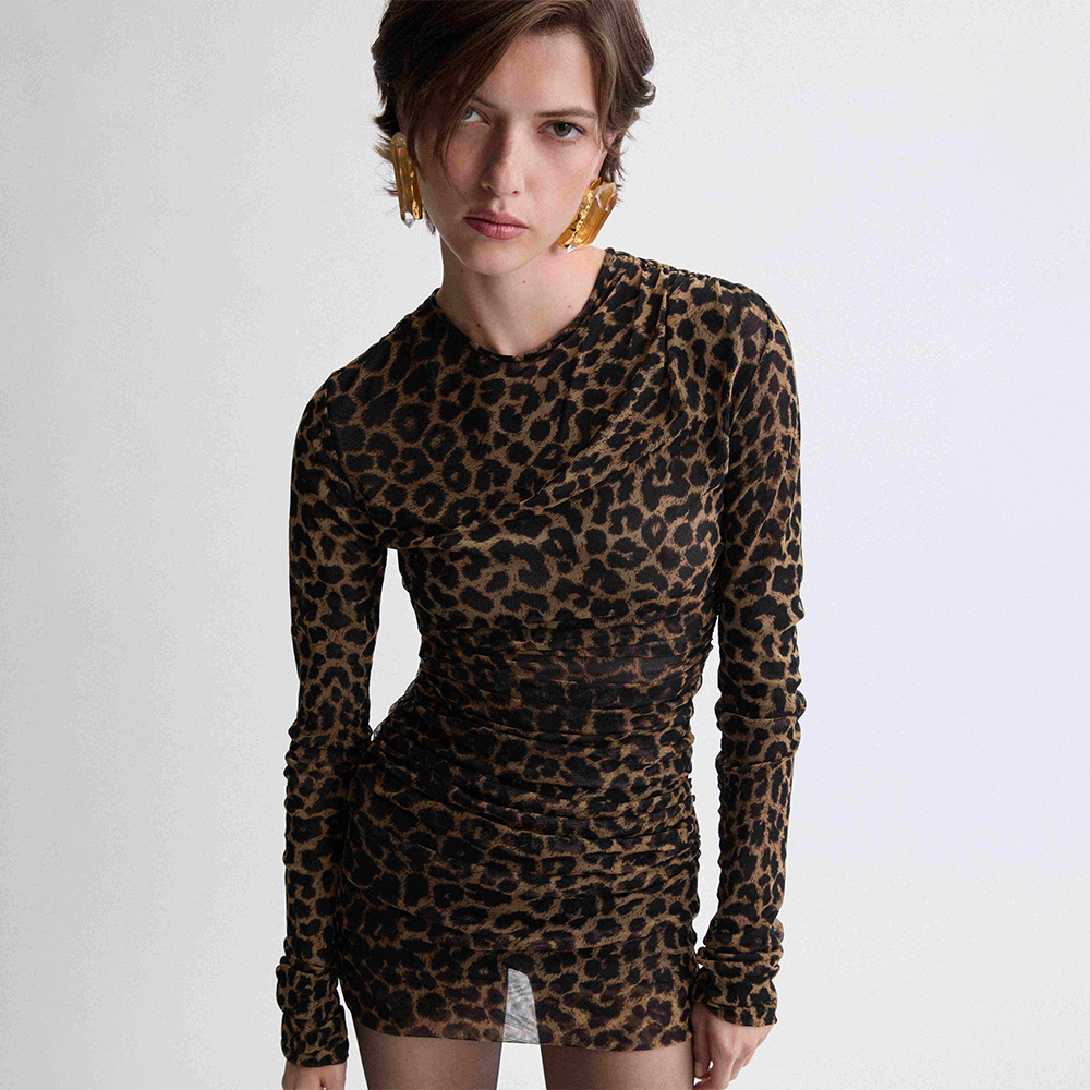 NIGO Saint Laurent Ruched Mini Dress in Leopard Tulle Jersey in Brown #nigo334380