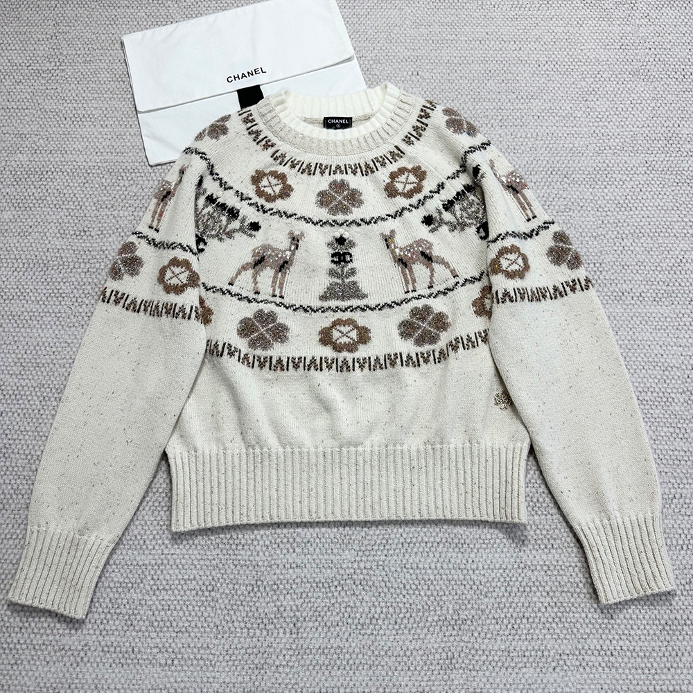 Chanel Pullover Cashmere Ecru Beige Black #nigo334447
