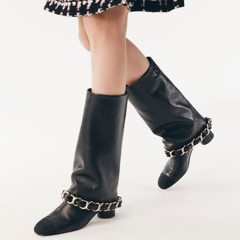 NIGO Chanel High Boots Lambskin Grosgrain Black #nigo335049