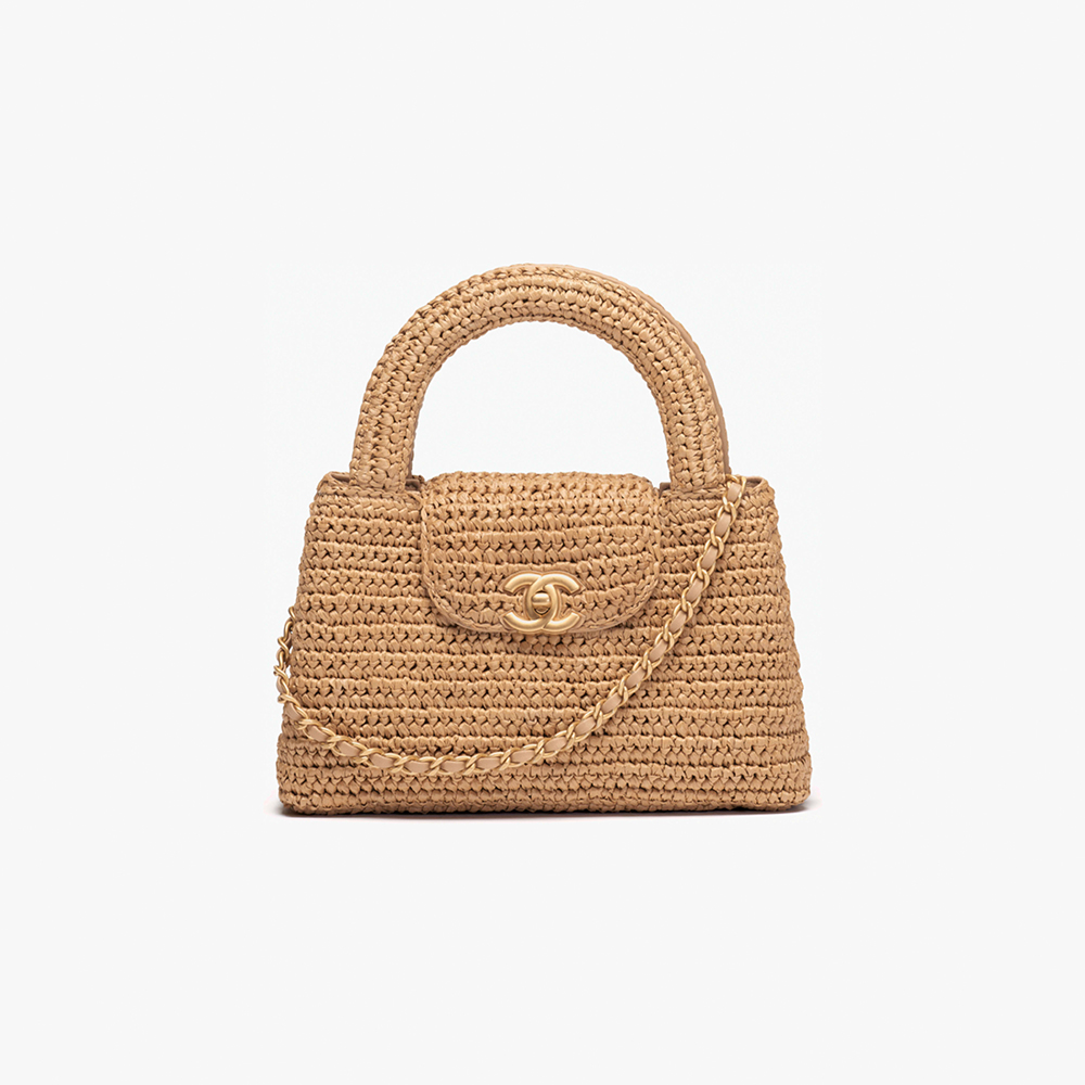 NIGO Chanel Mini Shopping Bag Braided Raffia Gold Tone Metal Dark Beige #nigo335258