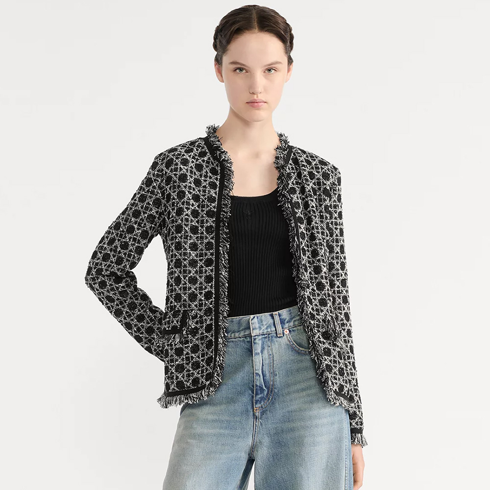 NIGO DIOR Macrocannage Regular Fit Jacket Mid-Length Macrocannage Flared Skirt  Black White Cotton-Blend Tweed Knit  #nigo334340