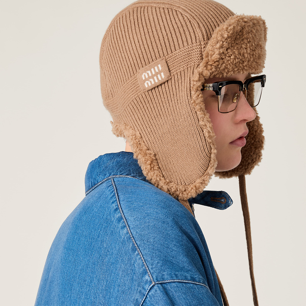 NIGO MiuMiu Camel Brown Wool Cashmere And Shearling Trapper Hat #nigo335646