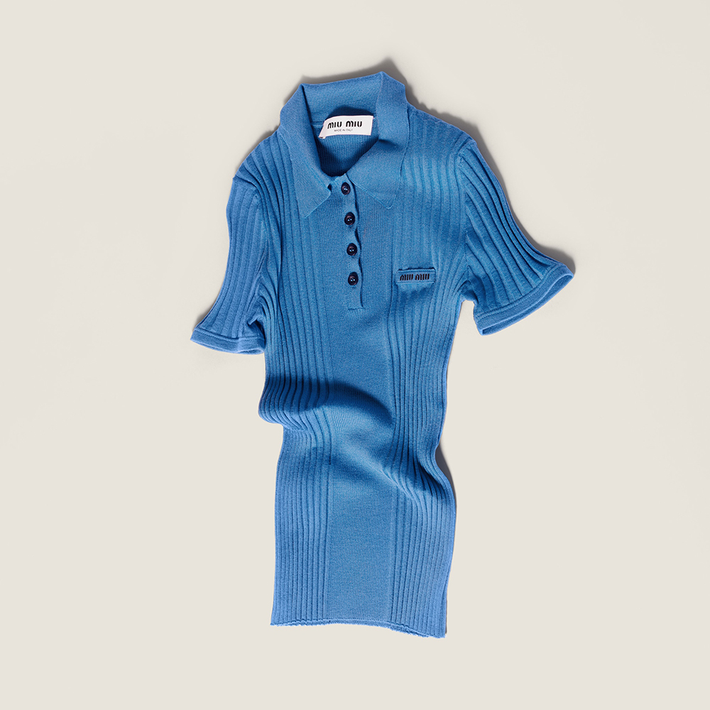 NIGO MiuMiu Aviator Blue Ribbed Knit Wool Polo Shirt #nigo335649