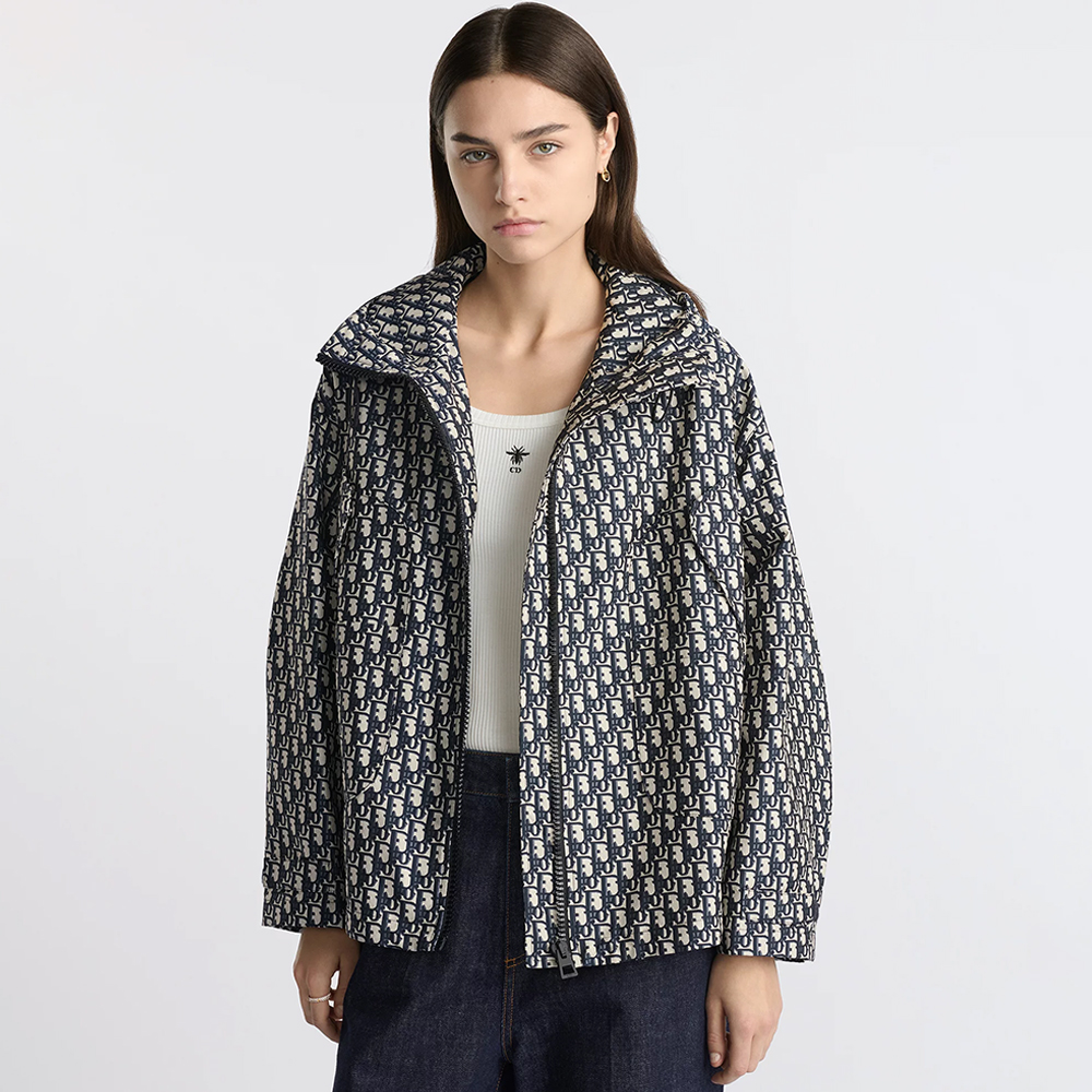 NIGO DIOR Hooded Jacket Blue Jacquard Technical Taffeta with Dior Oblique Motif #nigo326749