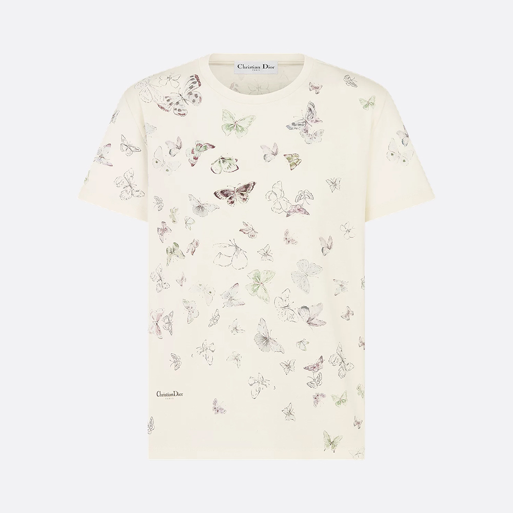 NIGO DIOR T-Shirt Beige Cotton Jersey with Multicolor Dioresque Butterfly Motif #nigo335854