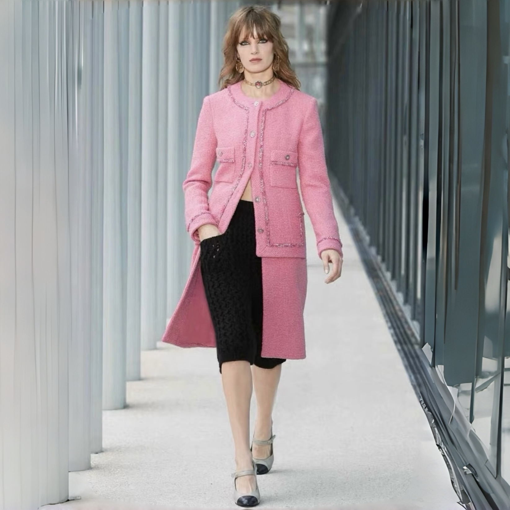 NIGO Chanel Tweed Pink Silver Silk Long Coat #nigo335876