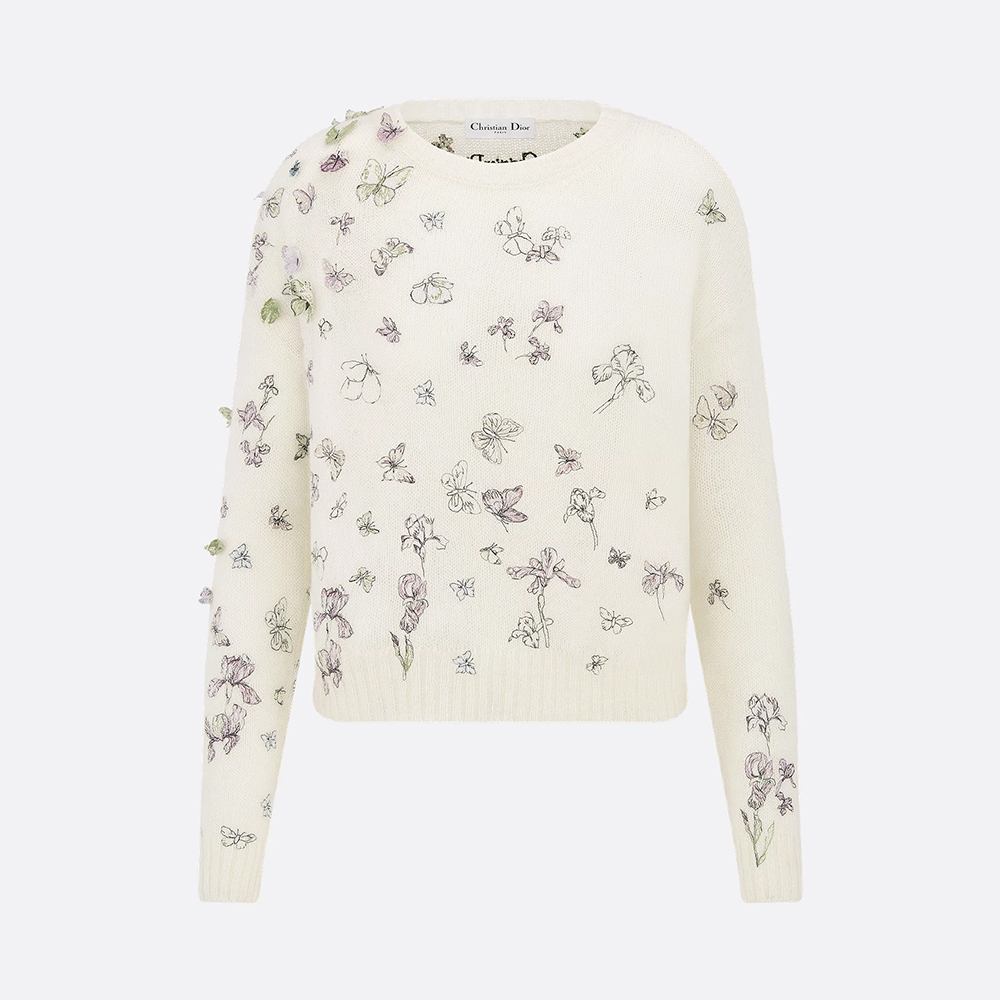 NIGO DIOR Embroidered Sweater White Alpaca Cashmere and Silk Knit with Multicolor Butterflies Iris Motif #nigo335853
