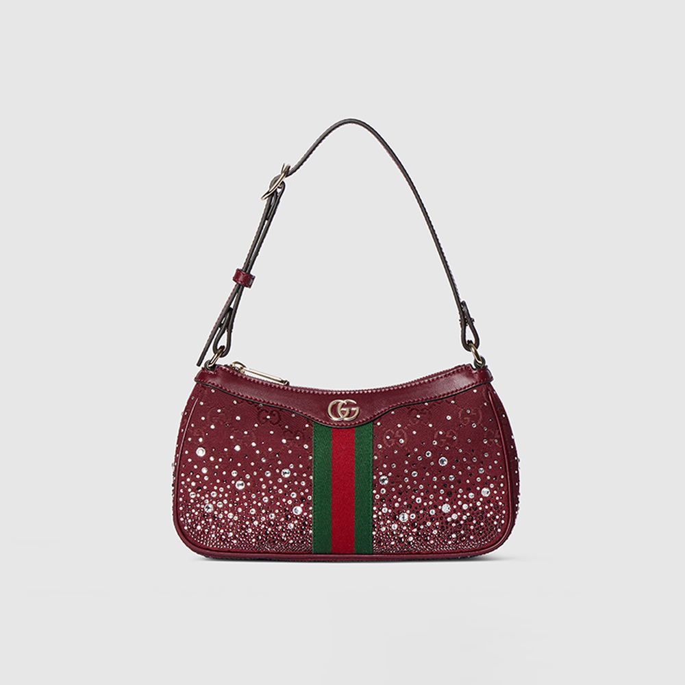NIGO Gucci Ophidia crystals small shoulder bag in Rosso Ancora red GG canvas #nigo335871