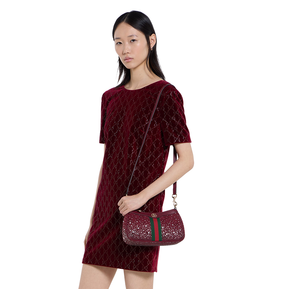 NIGO Gucci Ophidia crystals small shoulder bag in Rosso Ancora red GG canvas #nigo335871