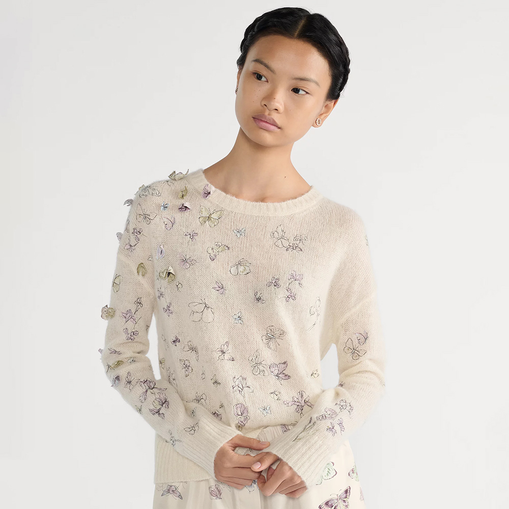 NIGO DIOR Embroidered Sweater White Alpaca Cashmere and Silk Knit with Multicolor Butterflies Iris Motif #nigo335853