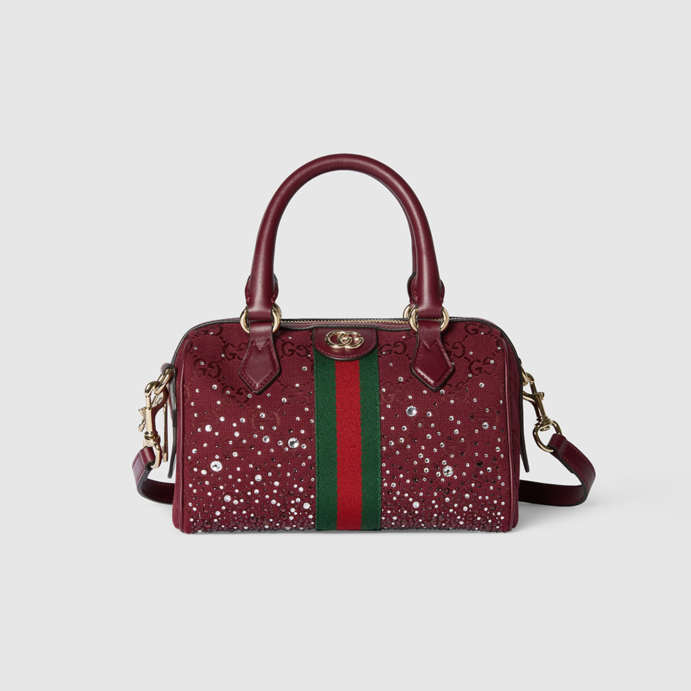 NIGO GUCCI Ophidia crystals small boston bag in Rosso Ancora red GG canvas #nigo335872