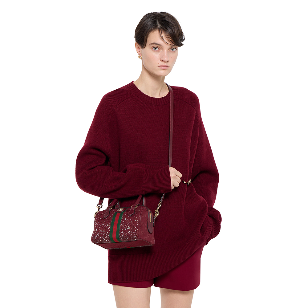 NIGO GUCCI Ophidia crystals small boston bag in Rosso Ancora red GG canvas #nigo335872