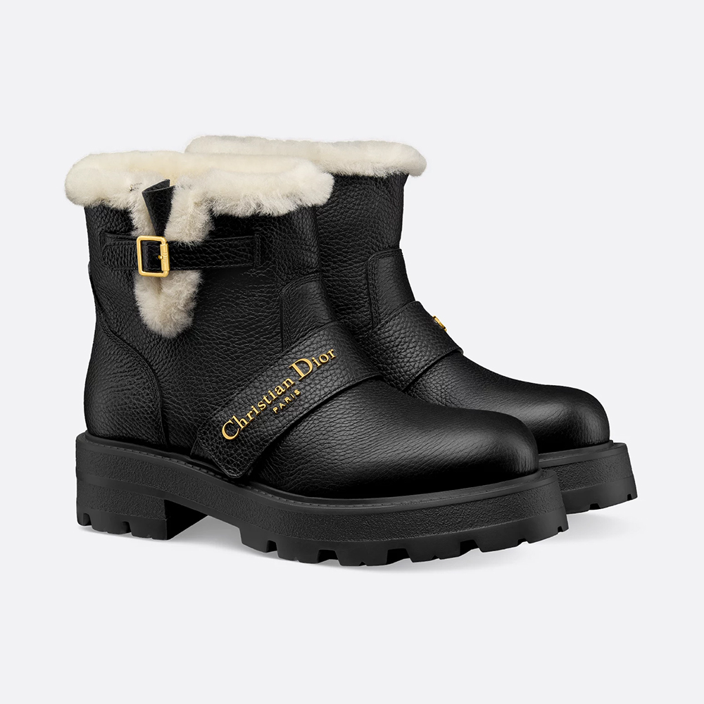 NIGO DIOR DiorAlps D-Quest Ankle Boot Black Grained Calfskin White Lambskin Shearling #nigo335893
