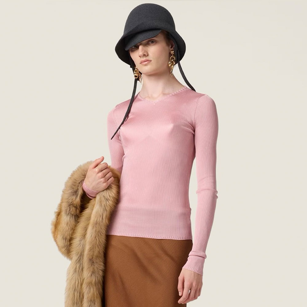 NIGO MiuMiu Begonia Pink Silk V-neck Sweater #nigo335966