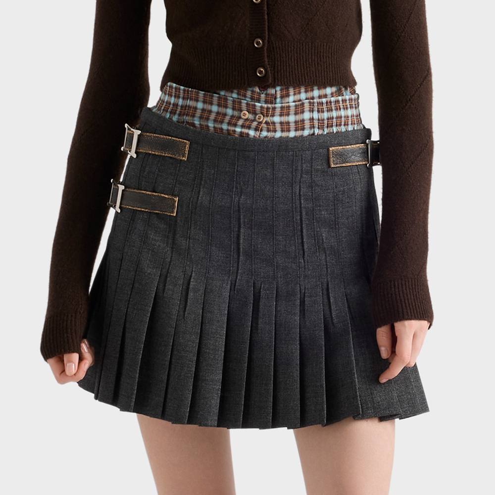NIGO PRADA Slate Gray Pleated Rush Stitch Wool Miniskirt #nigo335944