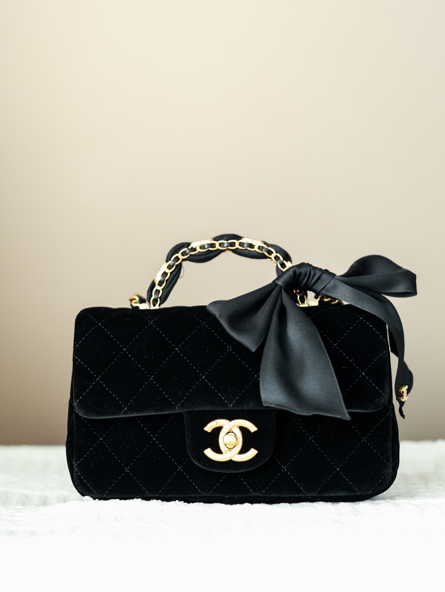 NIGO Chanel Mini Flap Bag With Top Handle Velvet Silk Gold-tone Metal Black #nigo336177