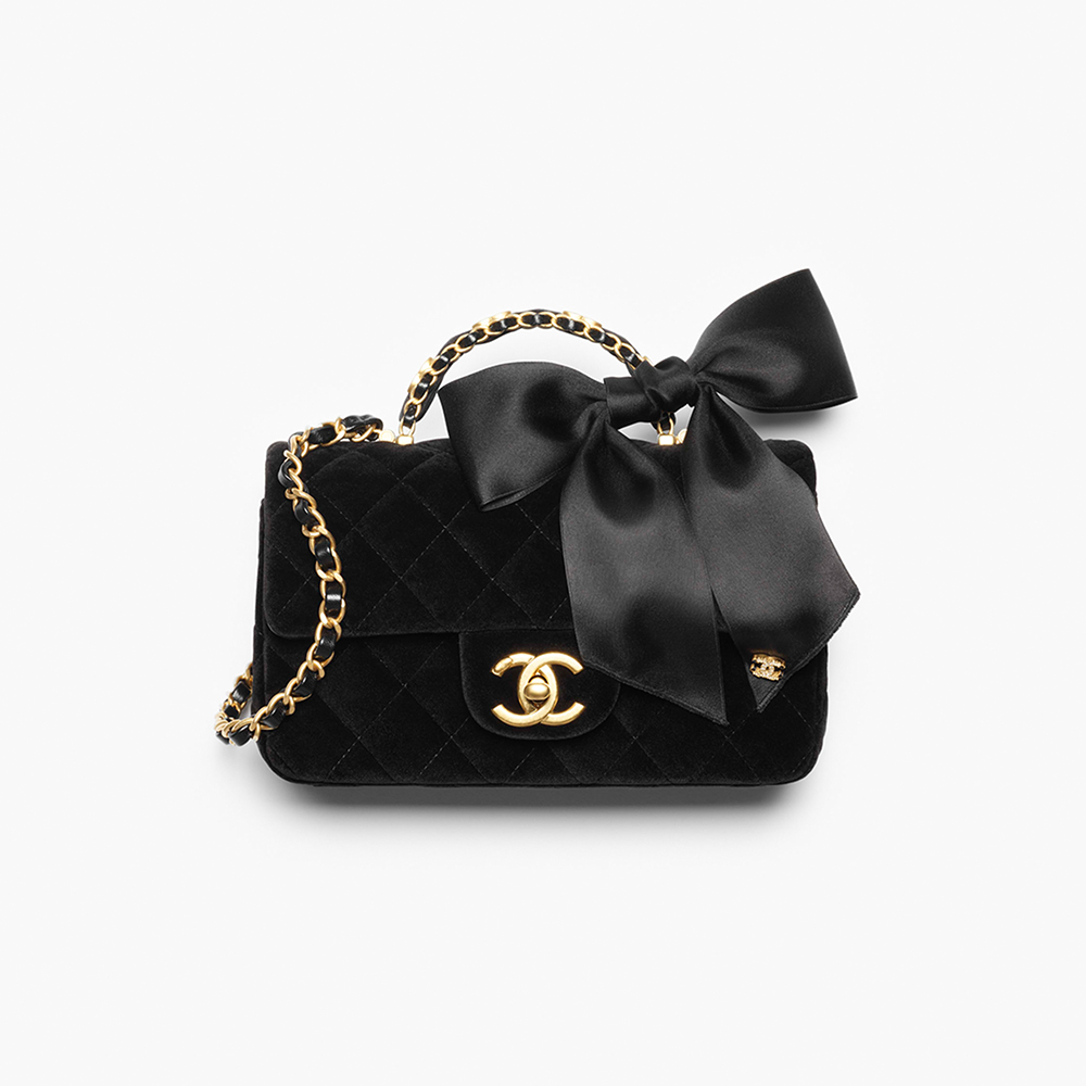 NIGO Chanel Mini Flap Bag With Top Handle Velvet Silk Gold-tone Metal Black #nigo336177