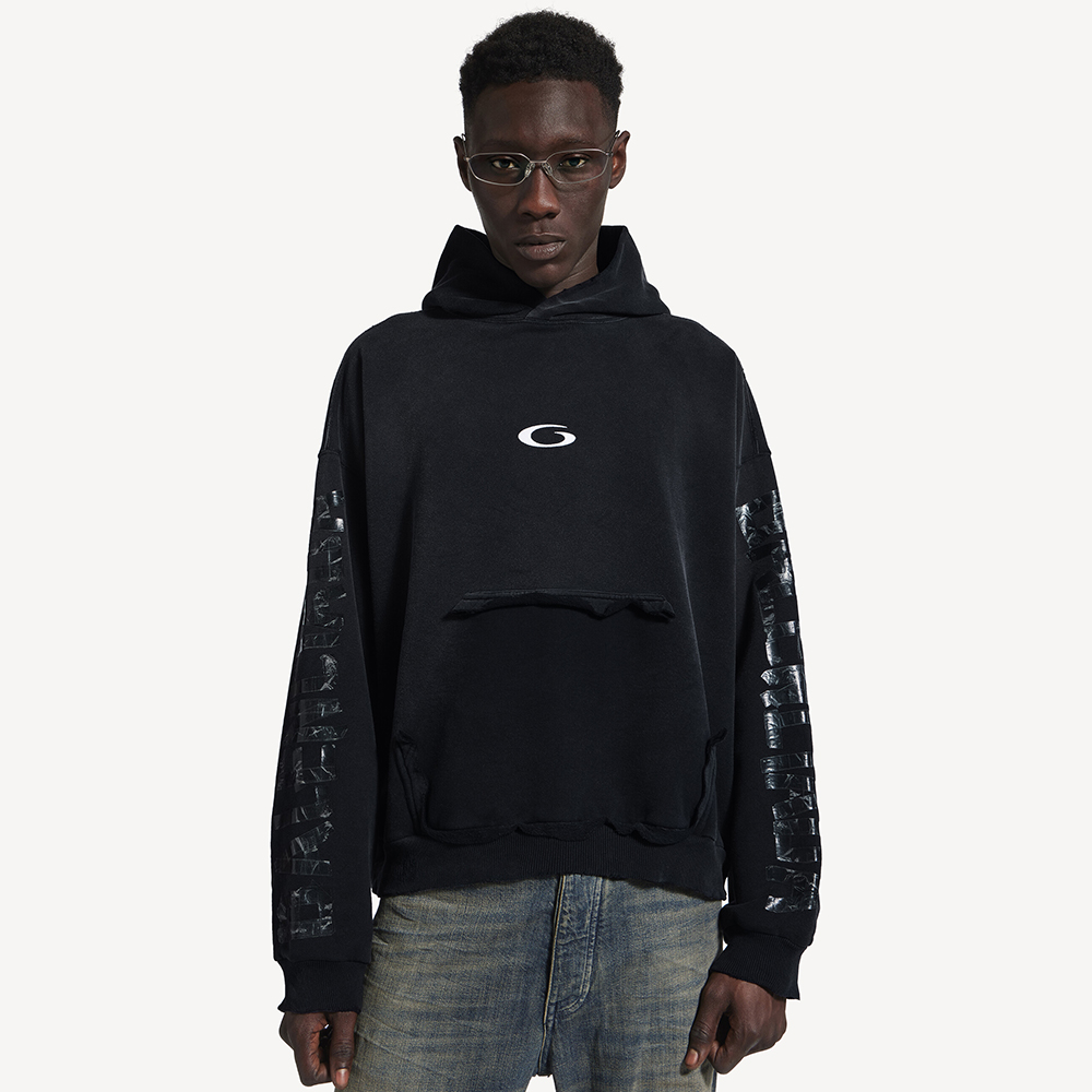 NIGO Balenciaga Men's Transparent Tape Ripped Pocket Hoodie in Faded Black #nigo336331