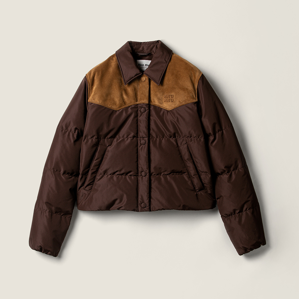 NIGO MiuMiu Coffee Technical Pongé And Leather Down Jacket  #nigo336575