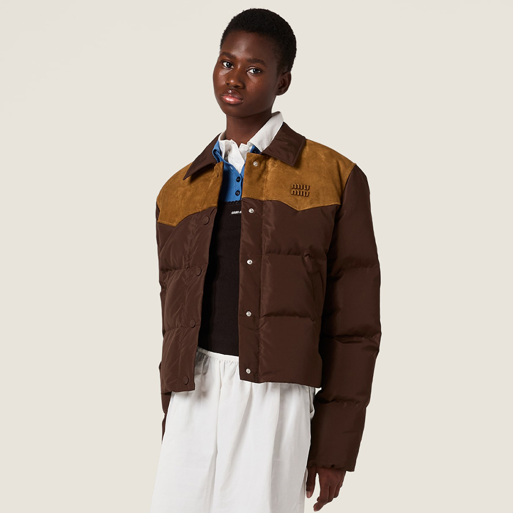 NIGO MiuMiu Coffee Technical Pongé And Leather Down Jacket  #nigo336575