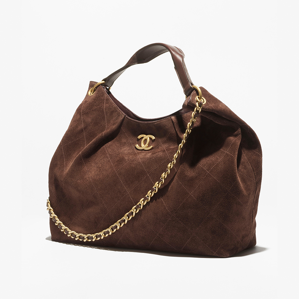 NIGO Chanel Maxi Hobo Bag Suede Calfskin Lambskin Gold-tone Metal Dark Brown #nigo336664