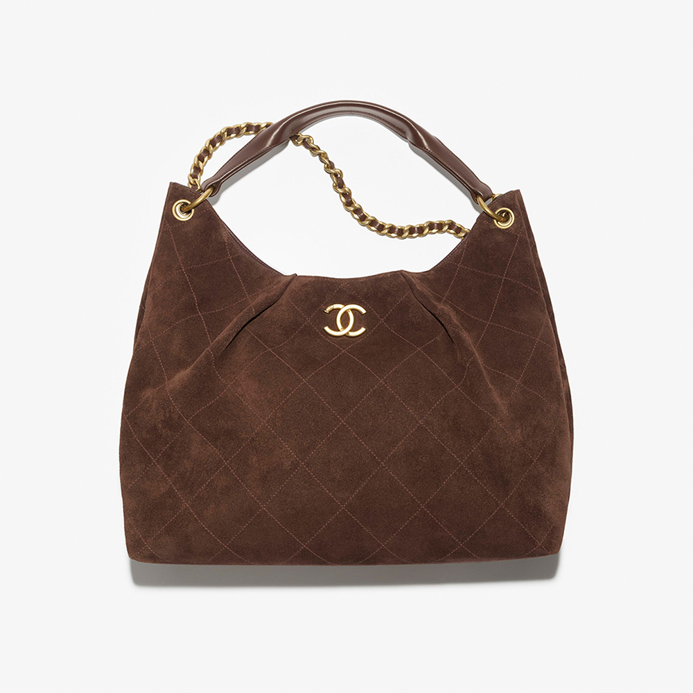 NIGO Chanel Maxi Hobo Bag Suede Calfskin Lambskin Gold-tone Metal Dark Brown #nigo336664